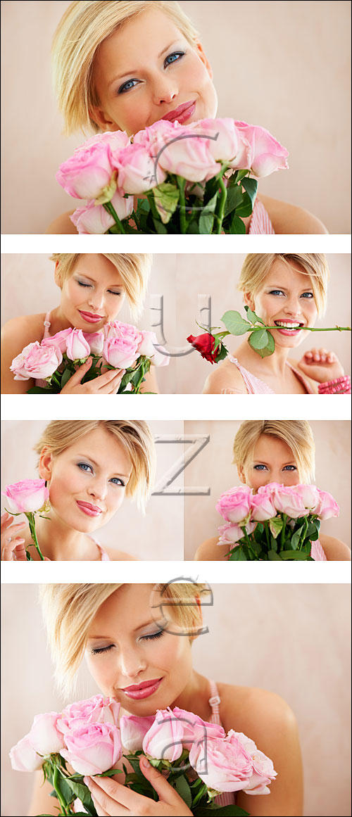     / Happy woman with roses - stock photo